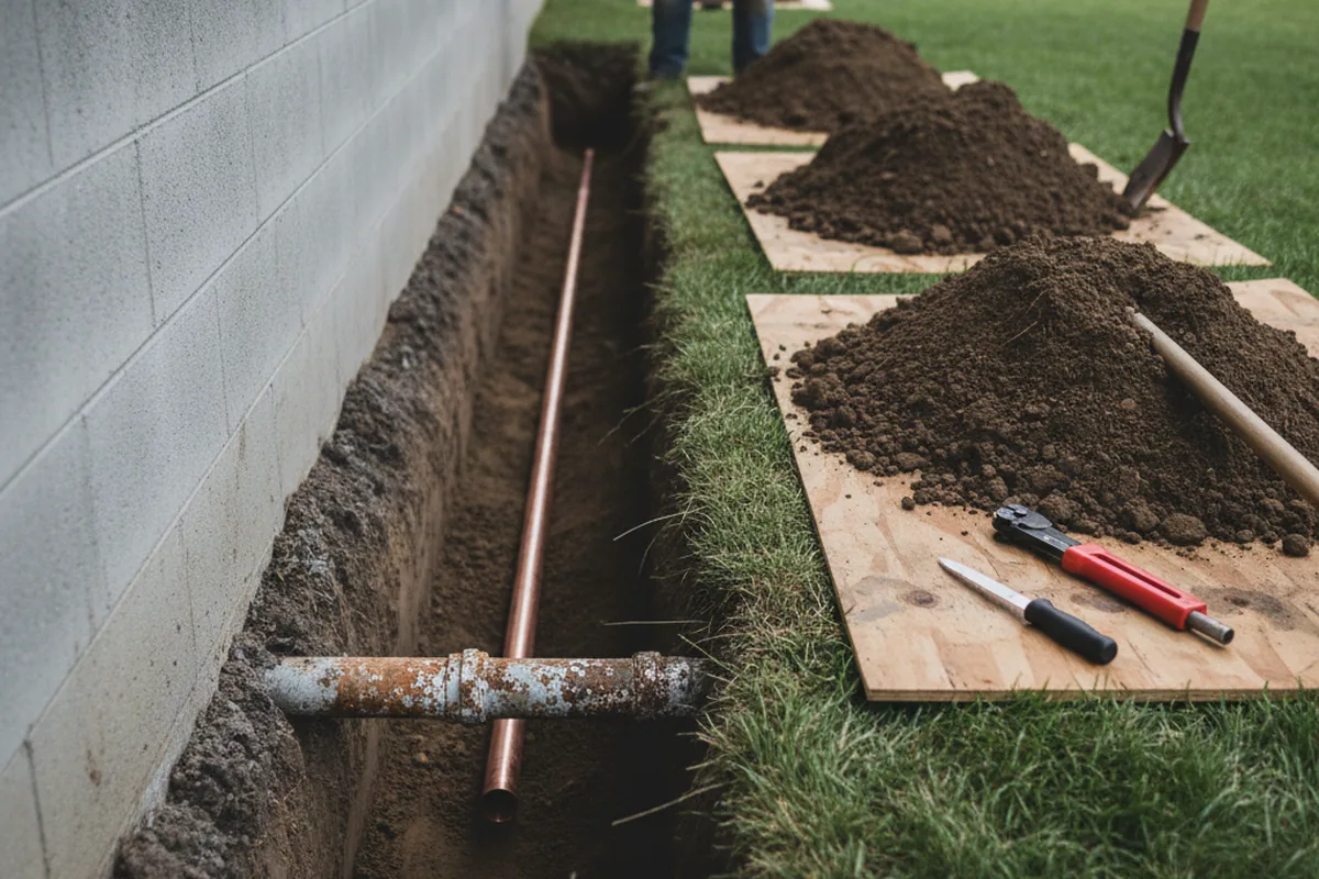 Excavated water line trench during Sewer Line Repair in Knights Landing